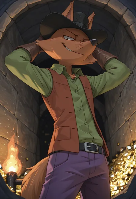 detailed background, detailed fur, cowboy shot, solo, 1boy, mid adult, ZorondoRon, fox, cocky smirk, head movement, western scenery, western background, indoors, under tunnel, boulder, lit torch, treasure, hand behind head, detailed scenery, black cowboy hat, green button up shirt, reddish brown vest, brown gloves, purple pants, masterpiece, best quality, amazing quality, absurdres, newest, high res, ultra detailed, best quality, best artwork, detailed eyes, (eyes focus), perfect eyes, big iris, pupils visible, 4k, ultra quality, perfect face