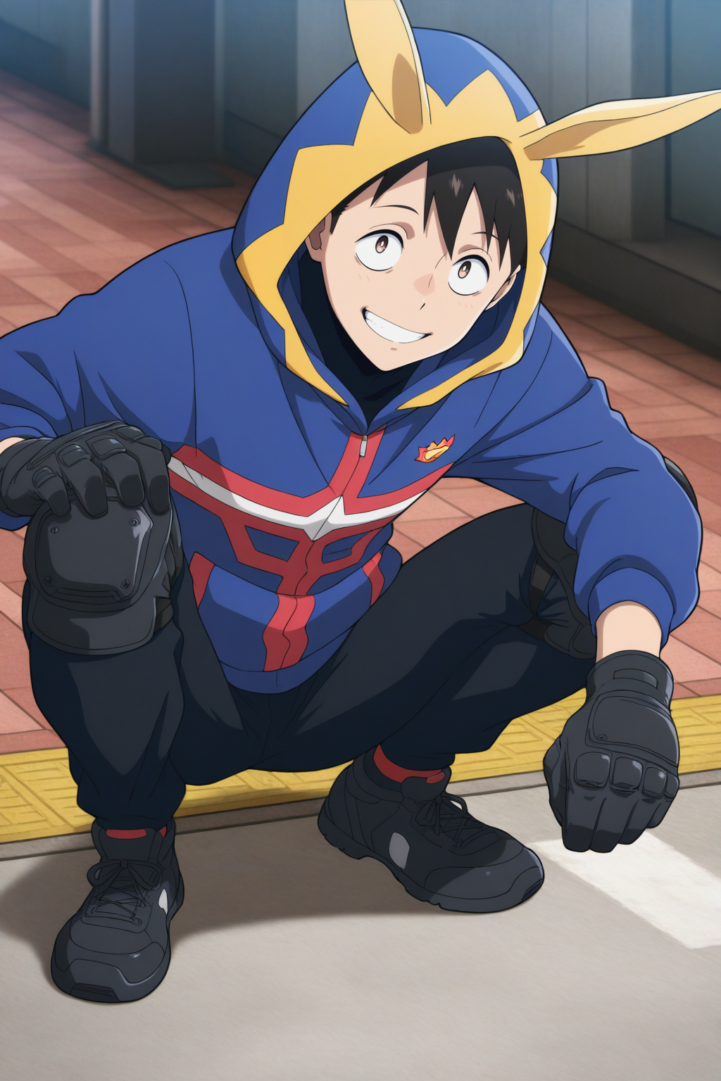 masterpiece, best quality, amazing quality, very aesthetic, absurdres, ultra detailed,
<lora:il_contrast_slider_d1 (Ð¦ÐÐÐ¢ ÐÐÐ Ð¢ÐÐÐÐ):-0.8>
<lora:Kouichi Haimawari:0.8> kouichi_haimawari, 1boy,
hood with ears, blue hoodie, black pants, black gloves with knee pads, 
smile, solo,