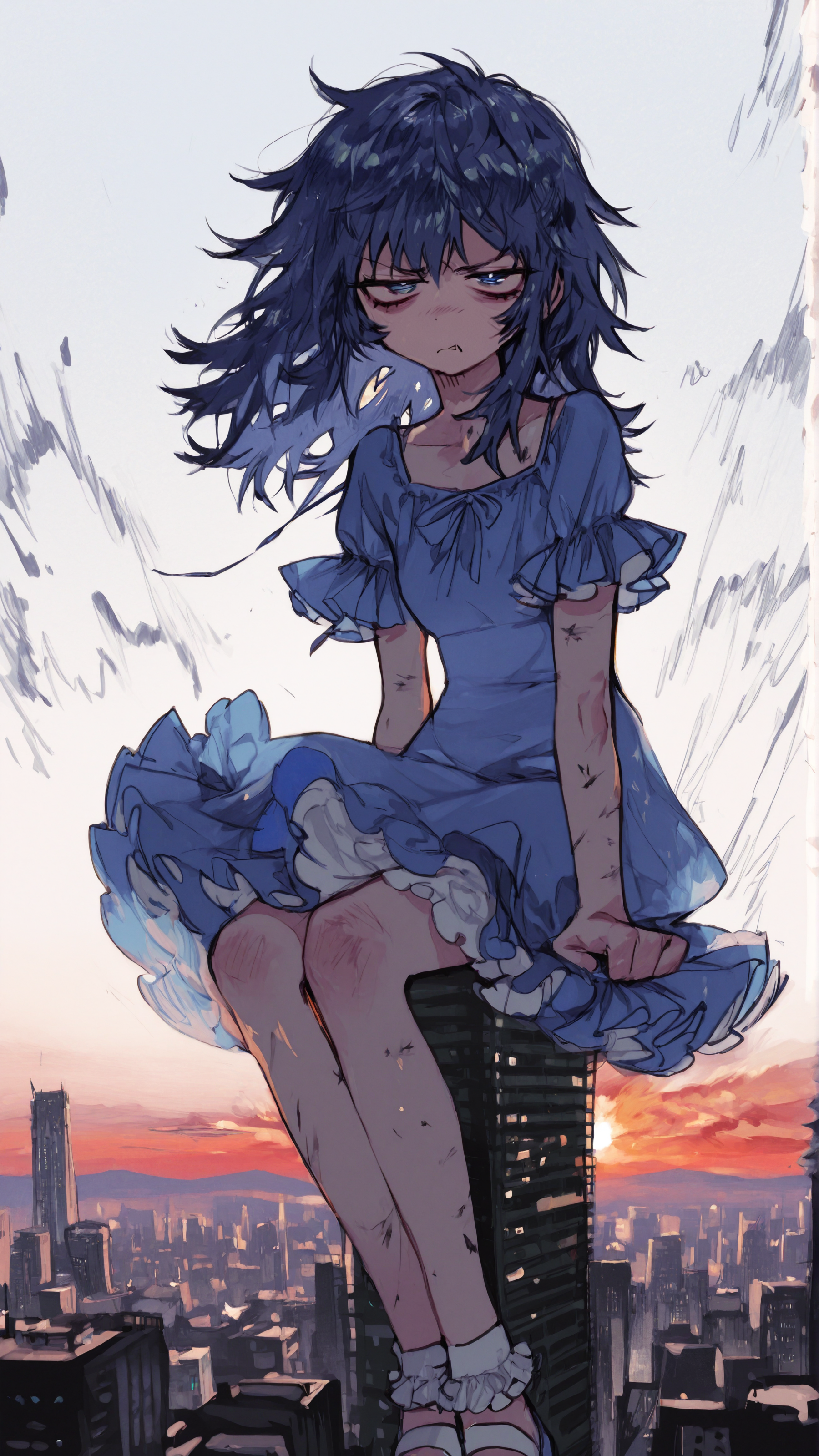 masterpiece, newest,absurdres,incredibly absurdres, best quality, amazing quality, very aesthetic, expressive brushstrokes, white background, mixed media,
1girl, frills, blue dress, white frills, annoyed, messy rooftop, skyline, sitting on skyscraper, sunset,
   <lora:p1ge0n666:1> p1ge0n666_illu <lora:edanoma_meu_style:1> edanoma_meu_illu