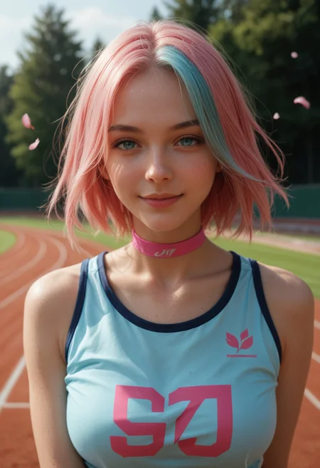 score_9_up, score_8_up, score_7_up, score_6_up, 1girl, 25 years old, perfect face, (adult:1.2), sexy,
three quarter view, detailed face, portrait, face focus, depth of field, looking at viewer, blush, shy smile, close up,
cyan eyes,
multicolored hair, colored inner hair, pink hair, cyan hair, short hair,
pink choker,
cyan shirt, print shirt,
running track, track and field, trees, day, cherry blossoms,