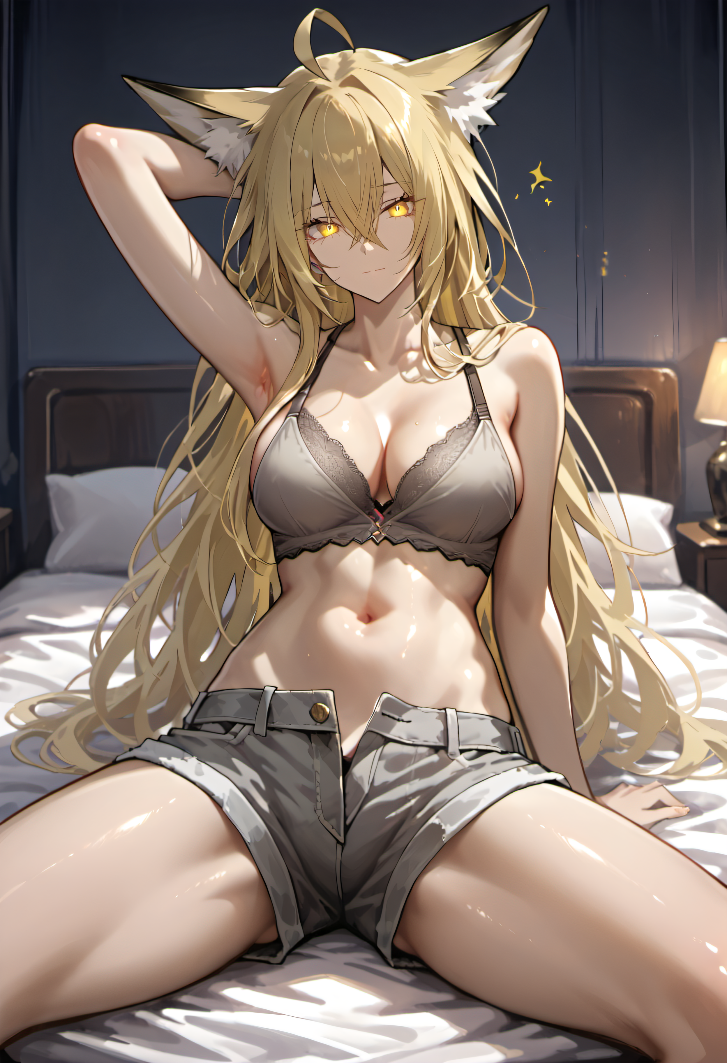 1girl,uncensored,cleavage,looking at viewer,closed mouth,,solo,,source_anime,(medium breasts:1.4)
eyeshd,animal ears, long hair, 1girl, blonde hair, , yellow eyes, hair between eyes,




1girl, solo, ahoge, breasts, navel, armpits,shorts, sitting, arm behind head, arm up, strap slip, indoors, thighs, spread legs, looking at viewer, midriff, grey shorts, stomach, cleavage, collarbone, short shorts,on bed, bare shoulders, underwear, bed, waking up, grey bra