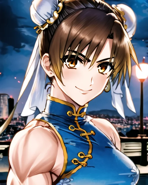 masterpiece, best quality, 1girl, solo, thegoldensmurf-8100, ((chun-li)), (brown hair), (brown eyes), ((portrait)), perfect face, ((cityscape)), ((chinese dress)), double bun, short hair, bright colours, ((((night)))), street fighter, (((bodybuilder))), (hypermuscle), upper body, ((small breasts)), epic, ((realistic))
