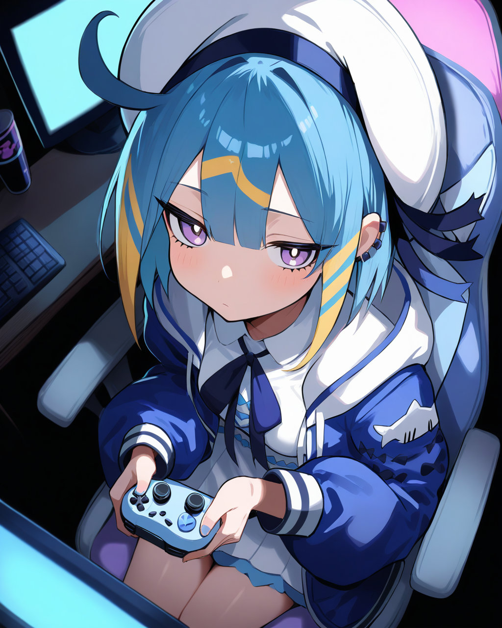 1girl,
LiveTwinLil-laYu-Gi-Oh,
safe, solo, perspective, dynamic angle, from above, chibi,
looking viewer,
sitting, gaming chair,
holding controller,
sailor hat, hat ribbon, 
hooded jacket, neck ribbon, puffy sleeves,
collared dress, breasts,
dark room, monitor,
depth of field,
<lora:kp_LiveTwinLil-laYu-Gi-OhAnimagineXL_v1_1:1.0>,
masterpiece, high score, great score, absurdres