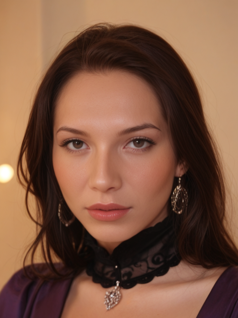 face focused, magic hour, photography, warm light, sunset, movie still, ultra detailed, portrait, BREAK
score_9, score_8_up, score_7_up, SabrinaK4mo3i, Sabrina Kamoei, <lora:SabrinaK4mo3i-pony:1>,  1girl, solo, big lips, dark hair, bangs, portrait, shiny lipgloss, lips, vintage aesthetic, sorceress, turtleneck, purple robe, dress, diadem, solo, blush, looking at viewer, bokeh, focus, film, velvia, film grain, best quality, photograph, focus, earrings, garden