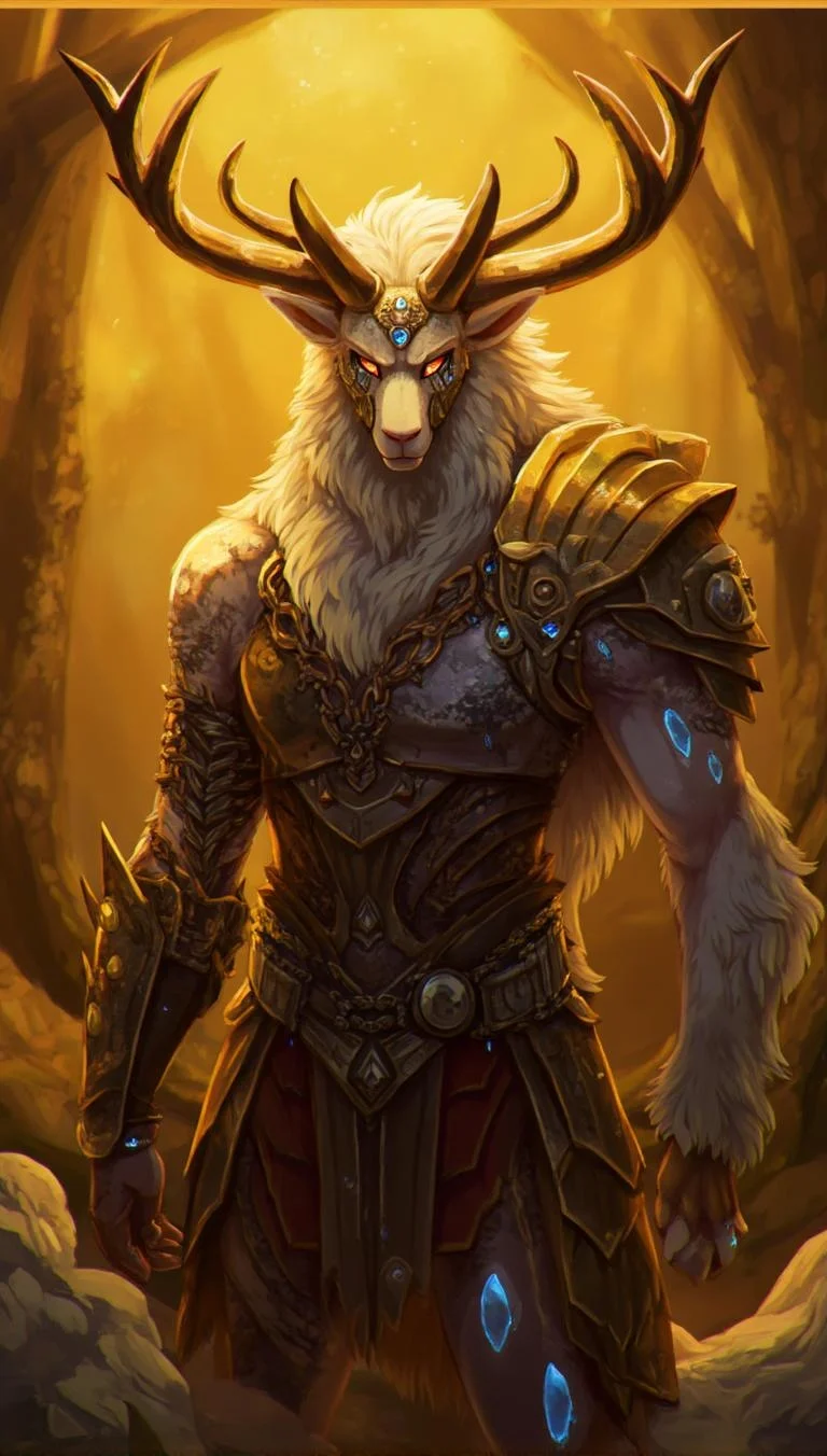 <lora:ck-LttleGhost-000011.safetensors:1> in the style of ck-lttlegh0stImagine a towering minotaur warrior bathed in a warm golden glow, its chain armor etched with intricate details and shimmering with a soft blue light. The subject's eyes burn with an unyielded intensity as it stands before us, antlers adorned with gemstones that refract the mystical ambiance. Every detail is meticulously crafted to convey strength, elegance, and ancient wisdom.