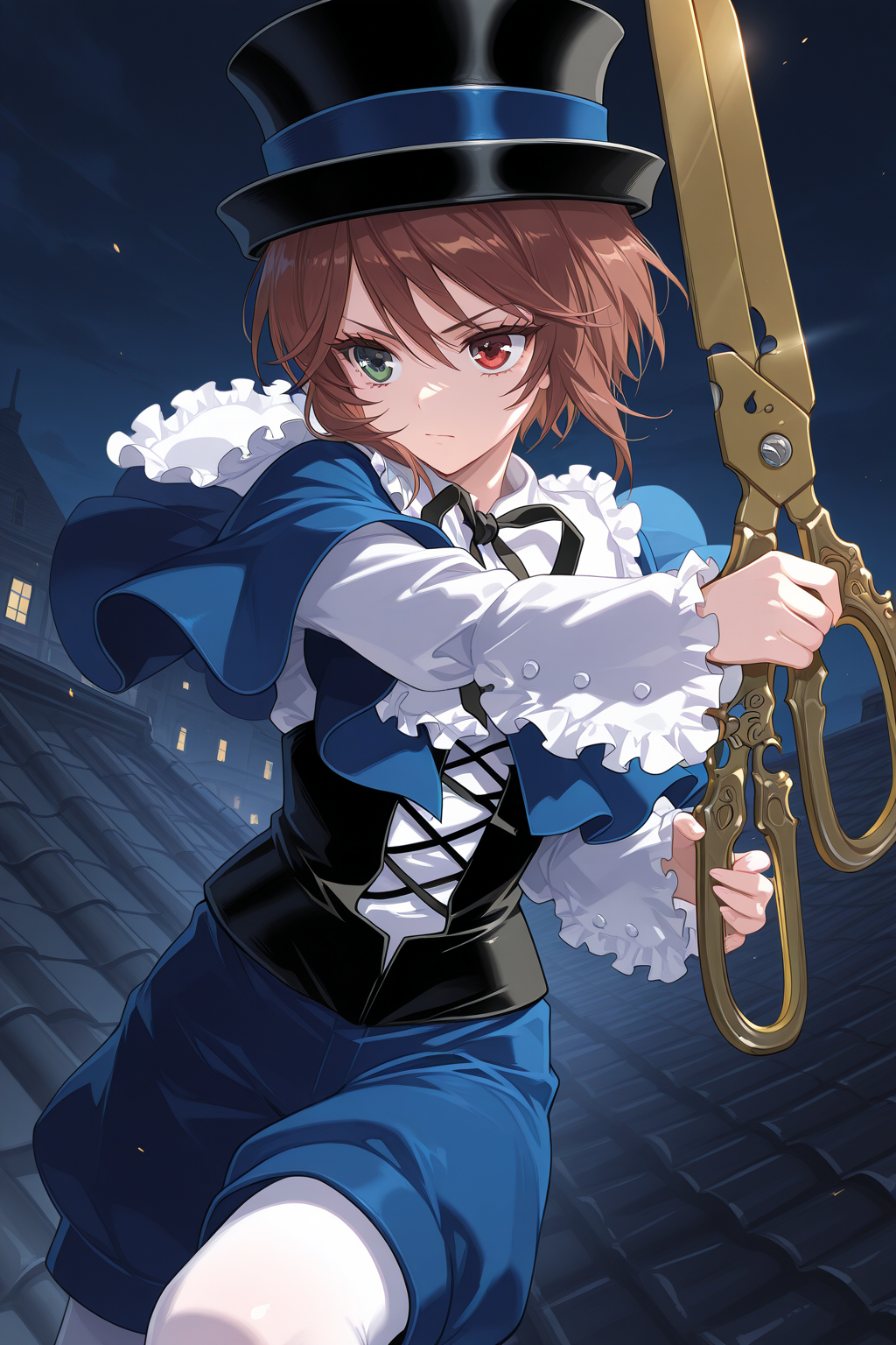 1girl, SouseisekiRozenMaiden, 
general, solo, upper body,
eyelashes,
top hat, kodona,
frilled shirt collar, neck ribbon, blue capelet,
white shirt, long sleeves,
black corset,
blue shorts, white pantyhose, 
battle, serious, holding, oversized object, scissors, 
black theme, night, on roof,
<lora:kp_SouseisekiRozenMaidenIllustrious_v1_0:1.0>,
masterpiece, best quality, amazing quality