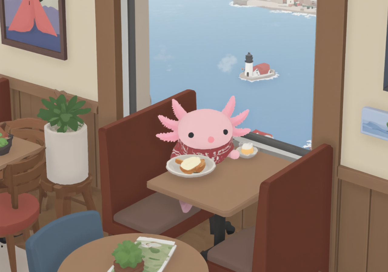 overhead perspective g00se art with smooth textureless style with muted pastel palette of, side view of a pink axolotl nestled in a little booth of a quaint seaside cafÃ©, wearing a wool scarf and enjoying a small plate of warm bread with a tiny dish of herb butter; its frilly gills sway in delight, and its round black eyes gaze out to the misty sea beyond the window; the cafÃ© is decorated with weathered wooden tables, nautical-themed artwork, and small potted succulents, with a tilt-shift effect softly blurring the view of lighthouses and waves in the distance, creating a tranquil, seaside dining experience<lora:g00se.safetensors:1.1:1.1> <lora:Axomodel_Flux_V2.safetensors:0.9:0.9>