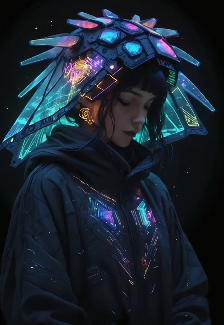 A modern cosmic deity steps forward, embodying the universe with raw, untouchable swagger. Their face is rugged and magnetic, etched with shimmering streaks of gold and silver, like graffiti sprayed by galaxies. Eyes burn like quasars, sharp and all-seeing, carrying the weight of existence. Shadows of cosmic dust highlight their sharp jawline, while a smirk hints at secrets too vast to comprehend. automaton helmet Made of  tiny neon glass filaments,
A sleek, reflective hoodie glimmers with shifting constellations and glowing nebulae, its hood framing hair like dark cosmic waves streaked with comet-like flashes of light. A thick chain of asteroid fragments floats weightlessly around their neck, catching flickers of neon light, while tattoo-like glowing inscriptions dance along their hands, telling universal truths in shifting, unknowable symbols.
Their oversized bomber-style cloak flows like spacetime itself, embroidered with threads of starfire and edged with a faint glow of radiant energy. Beneath, a sleek techwear-inspired outfit combines futuristic materials with timeless myth—dark, light-absorbing fabrics accented by shimmering details. Rings orbit their fingers like tiny planetary systems, spinning in harmony. detailxl
