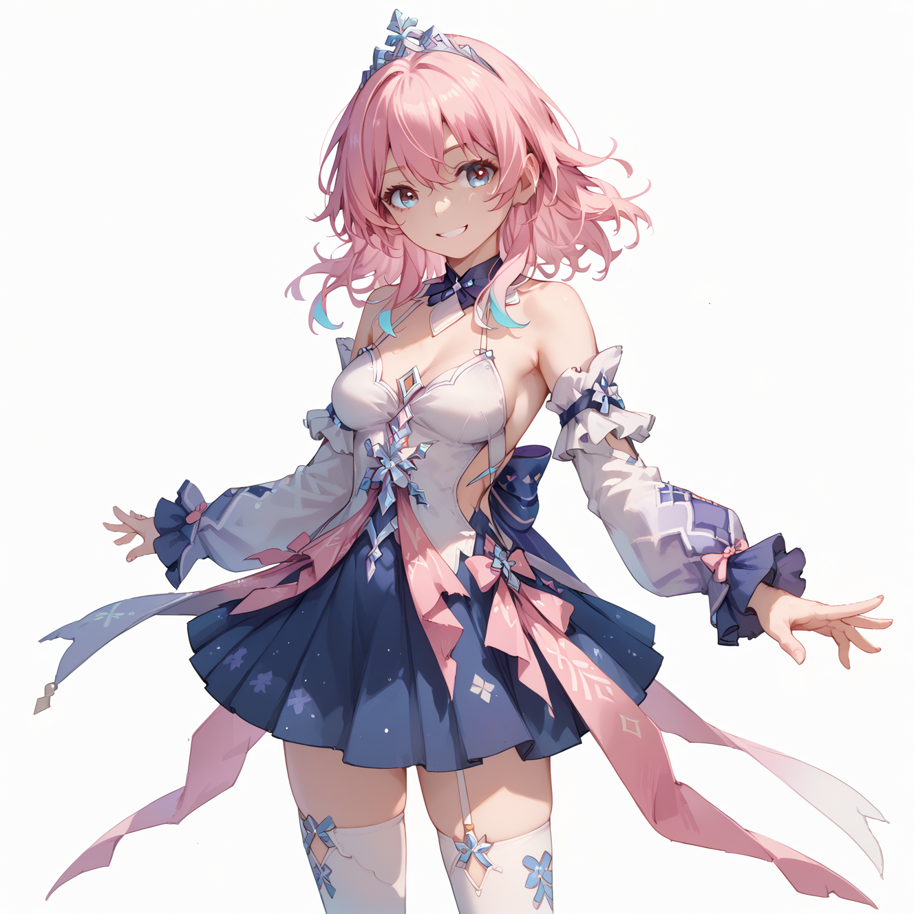 score_9, score_8_up, score_7_up, simple background, smile,
1girl, march7thdress, pink hair, detached sleeves, medium breasts, thighhighs, 
<lora:march7th_dress_pony_v1:0.6>