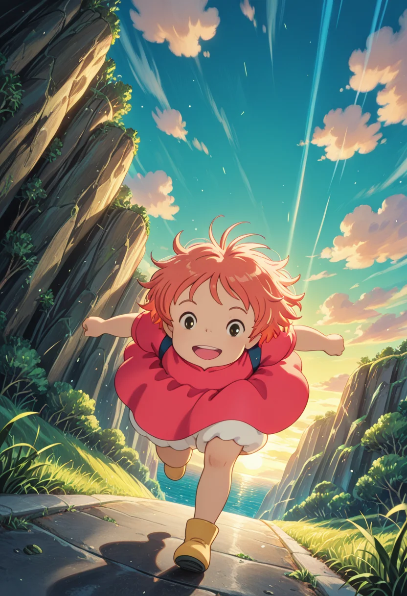 masterpiece, best quality, 32k, high resolution, absurdres
1girl, solo, ponyo, 1girl, solo, child, short hair, orange hair, messy hair
red dress, puffy sleeves, short sleeves, white bloomers
dynamic pose, running, towards viewer, happy, smiling, trying to touch viewer, open mouth
outdoors, cliff above sea, road, grass, up the hill, day
light particles, dynamic angle, cinematic angle, various angles, detailed background, beautiful background, (rays light:1.0),(grow:1.0) vivid colors, shiny and glossy, anime style, high-res, beautiful aesthetic, very intricate, high-quality details, vibrant,
<lora:add-detail-xl:1.10> <lora:spo_sdxl_10ep_4k-data_lora_webui:0.95> <lora:noobai_ep11_stabilizer_v0.138_fp16:0.6> <lora:StS-Illustrious-Detail-Slider-v1.0:1.10> <lora:cfg_scale_boost:0.95> <lora:nyalia:0.20> <lora:Ponyo:1>