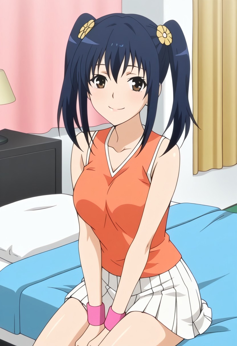 1girl, bedroom, happy, looking at viewer, BREAK, ayumi joshikousei no koshitsuki anime style, twintails, hair flower, yellow flower, medium hair, blue hair, BREAK, ayumi ep2 tennis outfit, tennis uniform, orange tank top, wristband, white skirt, pleated skirt,