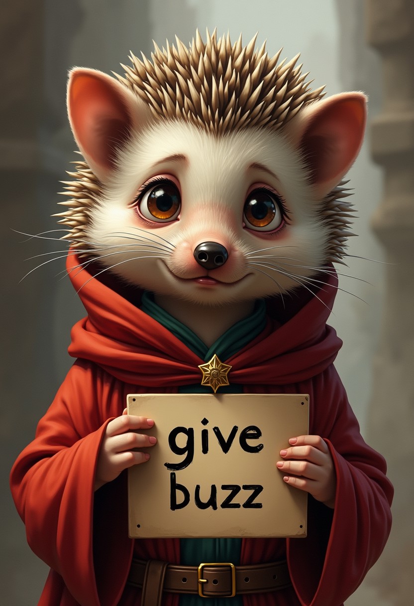 Sad female monk hedgehog, hold sign:"give buzz", masterpiece, digital art, anthro, catholic, rpg portait