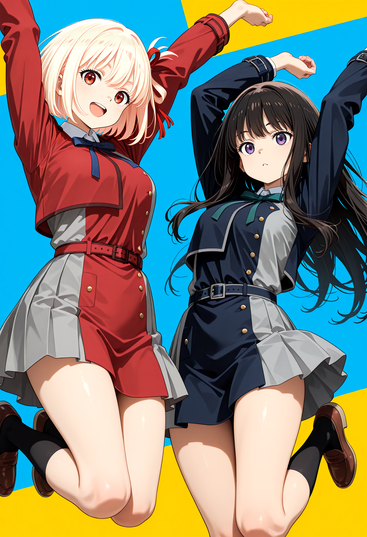2girls, cowboy shot, lycoris recoil, jumping, bent knees, arms up ADDCOMM two-tone background, best quality, amazing quality, very aesthetic, absurdres, newest ADDBASE nishikigi_chisato ADDCOL inoue_takina