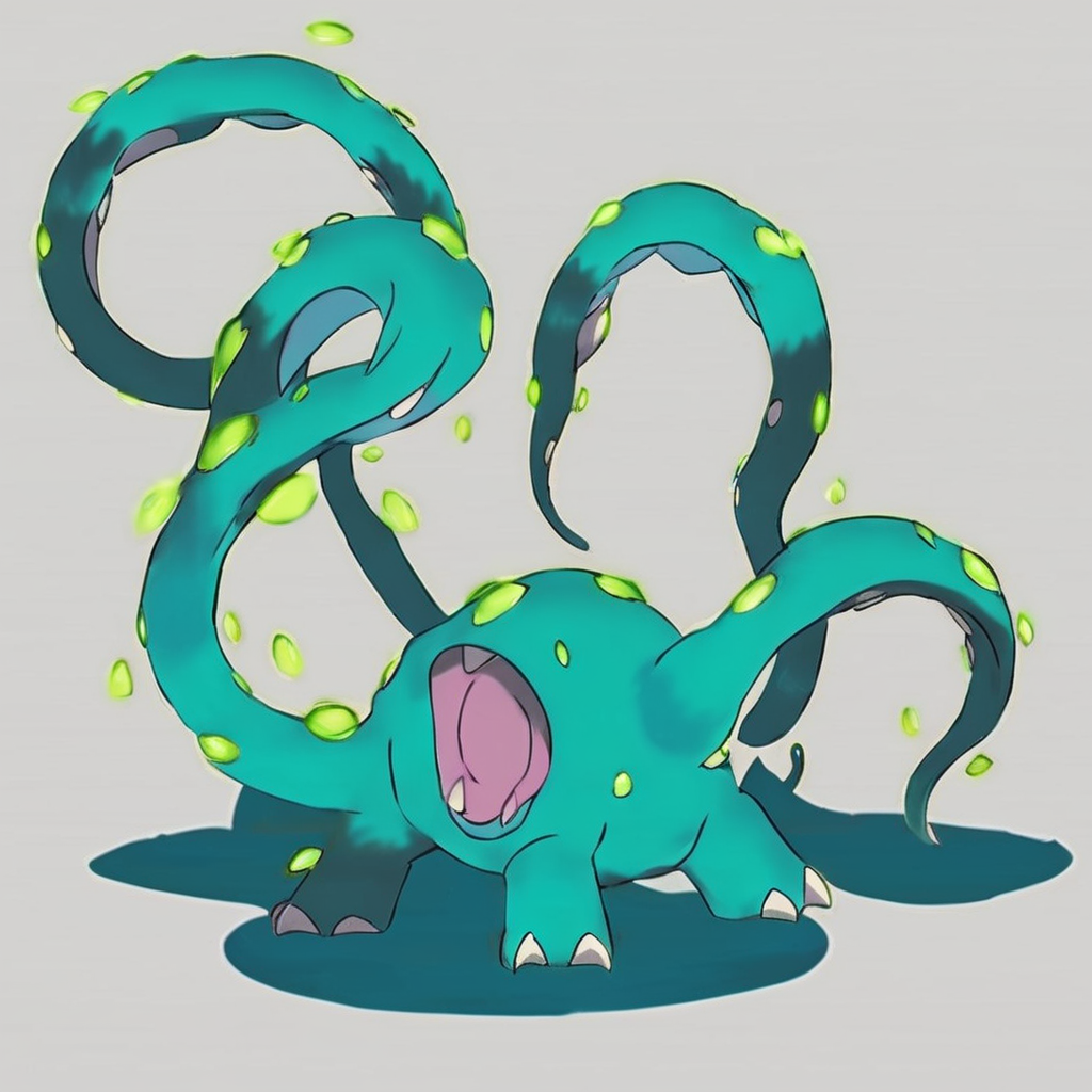Pokémon style  <lora:Otyughs:1> otyugh-data, Cinematic, cinematic lCinematic, cinematic ligthing, ultra detailed textures, side view of an Otyugh guarding the entrance to a treasure hoard in a vast, damp dungeon. The flickering light from torches mounted on the walls creates dynamic shadows that dance across the monsterâs writhing form, its three tentacles are visible. The stone walls are covered in slime and ancient carvings, while treasure glitters faintly in the background, creating an ominous yet alluring atmosphere. otyx . Vibrant, cute, anime, fantasy, reminiscent of Pokémon series