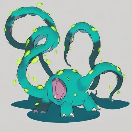 Pokémon style  <lora:Otyughs:1> otyugh-data, Cinematic, cinematic lCinematic, cinematic ligthing, ultra detailed textures, side view of an Otyugh guarding the entrance to a treasure hoard in a vast, damp dungeon. The flickering light from torches mounted on the walls creates dynamic shadows that dance across the monsterâs writhing form, its three tentacles are visible. The stone walls are covered in slime and ancient carvings, while treasure glitters faintly in the background, creating an ominous yet alluring atmosphere. otyx . Vibrant, cute, anime, fantasy, reminiscent of Pokémon series
