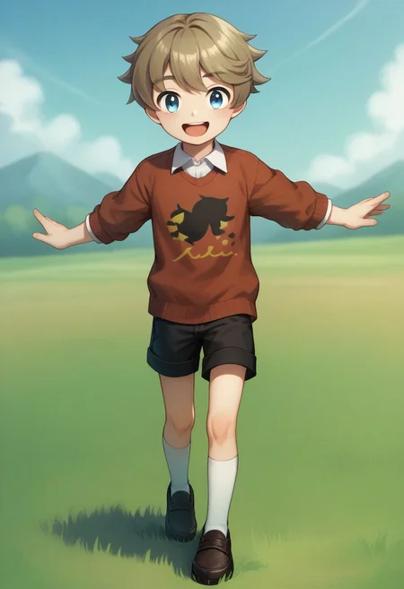score_9, score_8_up, score_7_up, source_anime, highly detailed, 1boy, solo,
youngster, 1boy, male focus, blue eyes, solo, brown hair, collared shirt, bangs, stand, shorts, socks, smile, open mouth, closed eyes, happy,
outdoor, grass, sky,