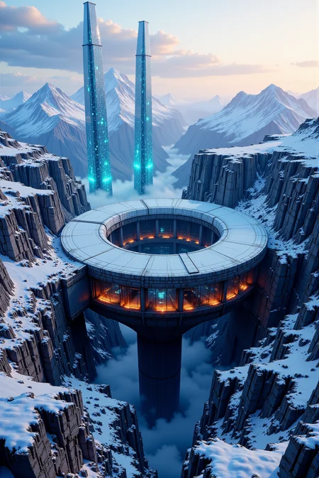<lora:Legacy_of_the_forerunners_v.2:0.75>
An advanced architectural marvel rises from a snow-laden mountain valley, its circular form dramatically anchored between jagged, ice-covered slopes as twin crystalline towers ascend toward the heavens behind it. The ring-shaped facility appears suspended above a sheer drop, tapering into a dark conical foundation that descends deep into the chasm below, suggesting subterranean complexity. The structure is encircled by high-tech glass and steel, illuminated subtly by rows of internal lighting that reflect off the pristine snow, while the elevated towers behind shimmer with icy blue tones against a pastel-hued sky at dawn. Crisp atmospheric light floods the scene, casting soft shadows across the undisturbed snow and emphasizing the sculpted contrast between natural geological forms and meticulously engineered design. The towersâ verticality juxtaposes the smooth curvature of the hovering disc-shaped base, creating a balance between elegance and dominance within the harsh alpine wilderness. Seen from a cinematic aerial angle, this moment captures the quiet immensity of a futuristic installation poised like a crown within a frozen amphitheater, blending sci-fi grandeur with glacial serenity.