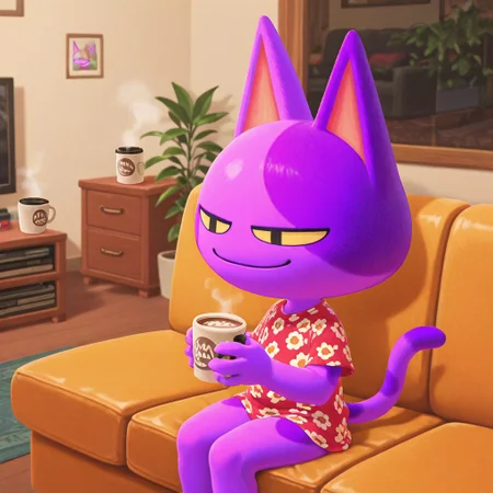 masterpiece, best quality, amazing quality, bob, 1boy, 
male, furry male, anthro, solo, cat, purple fur, two-tone fur, yellow sclera, black pupils, pointed ears, noseless, paw pads, tail, red floral shirt, smile, sitting down, on couch, holding coffee cup, indoors, living room