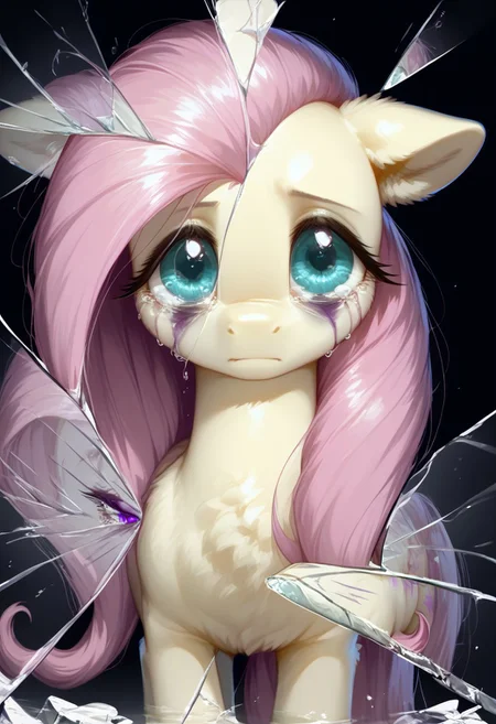 rating_questionable, score_9, score_8_up, score_7_up, pony, feral, fluttershy, reflection, Broken glass, dark theme, moody, bags under eyes, depressed, purple blood, scars, charming eyes, small tears, detailed, realistic, BREAK, zPDXL3, MegaFluffyPony, fluffy, shiny,