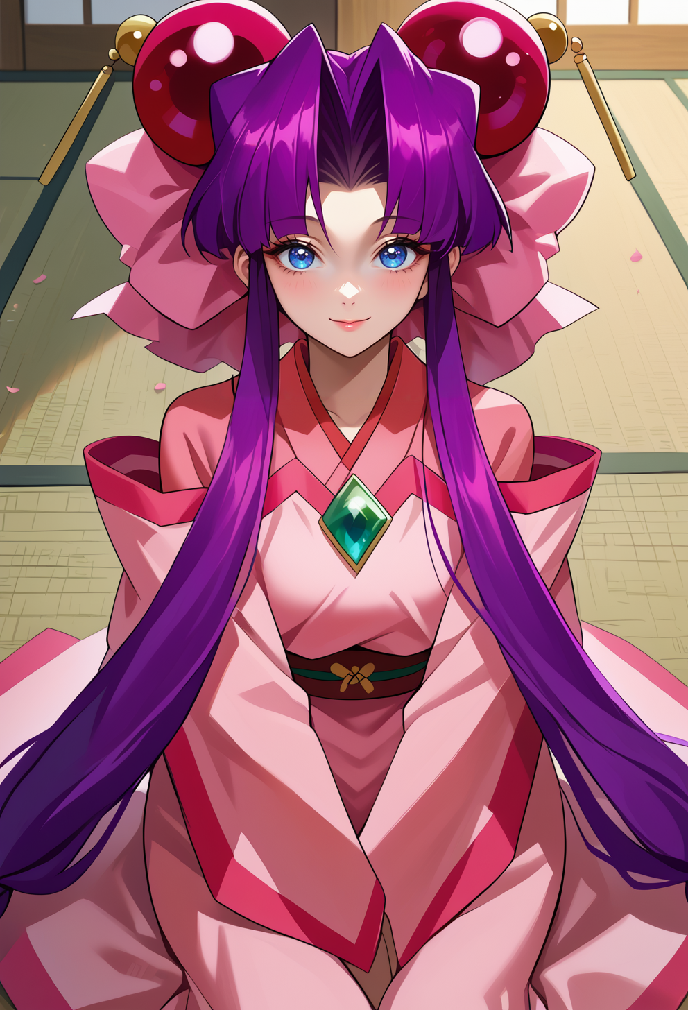 score_9, score_7_up, source_anime, BREAK  <lora:AECherry-000009:1> AECherry, blue eyes, purple hair, very long hair, low-tied long hair, hair bow, hair ornament, huge bow, pink bow, gem, japanese clothes, kimono, long sleeves, wide sleeves, pink dress, pink kimono, wide sleeves, off-shoulder dress,
smile, sitting, yokozuwari, tatami, v arms, from above, looking at viewer, head tilt,