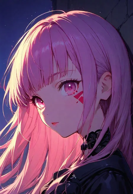 Cyberpunk Style, girl, goth, perplo hair, pink eyes, 8k, high style, sidelighting, backlighting, shadow, bloom, sunlight, moonlight
