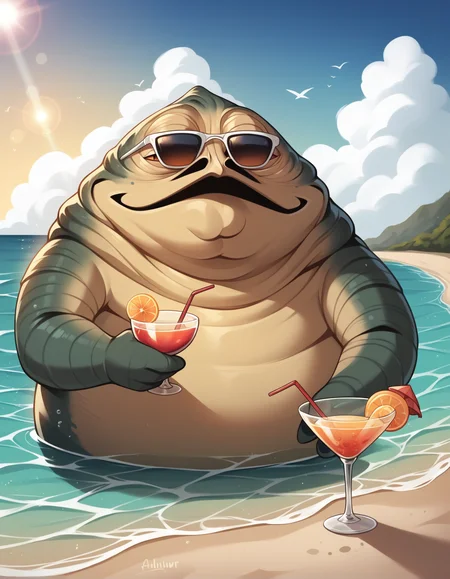 score_9, score_8_up, score_7_up, score_6_up, score_5_up, score_4_up, source_anime, BREAK <lora:JabbaXL_LoRA-C3Lier_AdamW_Dim8_Alpha8_UN-3e-4_TE-1.5e-4_6batch_ponyDiffusionV6XL_v6StartWithThisOne:1>, jabba the hutt, monster, sunglasses, partially submerged, wading, holding cup, cocktail glass, beach, summer, ocean, sunlight, lens flare, cloud, bird