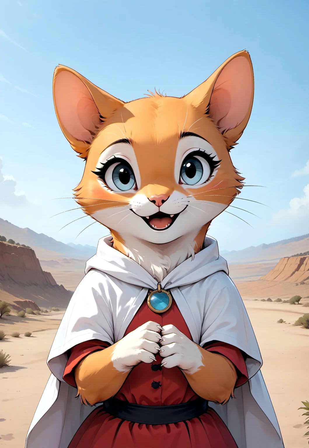 score_9, score_8_up, score_7_up, score_6_up, score_5_up, score_4_up, 
[][][][][] 
orange fur, ((grey eyes)), (((cat))), 
[][][][][] 
(solo), red tunic, white sash, white hooded cape, blue amulet, (cute, feral:1.5), (look at viewer), (open mouth), desert, tail, upper body shot, detailed background, (arms folded)