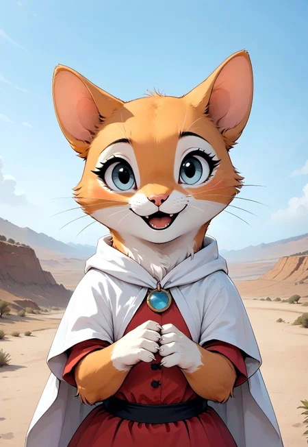 score_9, score_8_up, score_7_up, score_6_up, score_5_up, score_4_up, 
[][][][][] 
orange fur, ((grey eyes)), (((cat))), 
[][][][][] 
(solo), red tunic, white sash, white hooded cape, blue amulet, (cute, feral:1.5), (look at viewer), (open mouth), desert, tail, upper body shot, detailed background, (arms folded)