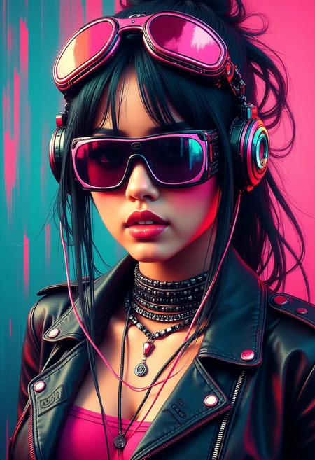 masterpiece, ((inkpunk cell-shaded style)), realistic painting, portrait of a beautiful cyberpunk girl,  leather jacket, earrings, necklace, cyberpunk headgear, mad-cybrpnkimprss
