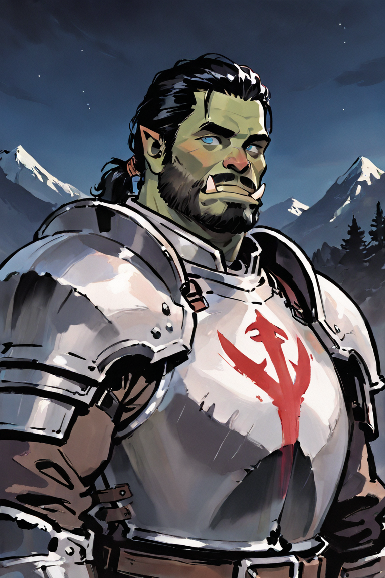 masterpiece, best quality, highres, newest, tradinkstyle, traditional media, 1boy, solo, male focus, mature male, orc, colored skin, green skin, tusks, blue eyes, medium hair, black hair, hair slicked back, ponytail, facial hair, beard, mustache, looking at viewer, full armor, shoulder armor, breastplate, pauldrons, upper body, closed mouth, standing, outdoors, mountain, night, night sky, dark background <lora:Traditional Ink Painting [LoRA] - NoobAI-XL EPS 1.0:0.8>