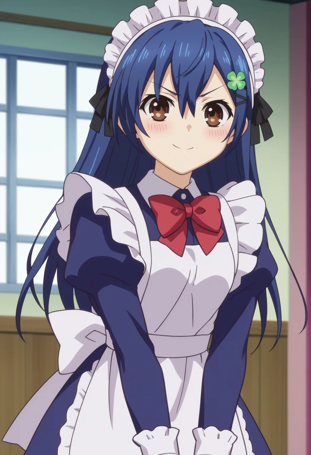score_9, score_8_up, score_7_up, anime screencap, BREAK,
1girl, itsukashiori, blue hair, long hair, brown eyes, clover hair ornament, hairclip,
v-shaped eyebrows,
enmaided, maid, maid apron, maid headdress, red bowtie, v arms,
smile, blush, standing, solo, looking at viewer, indoors, <lora:ItsukaShioriPDXL_byKonan:1>