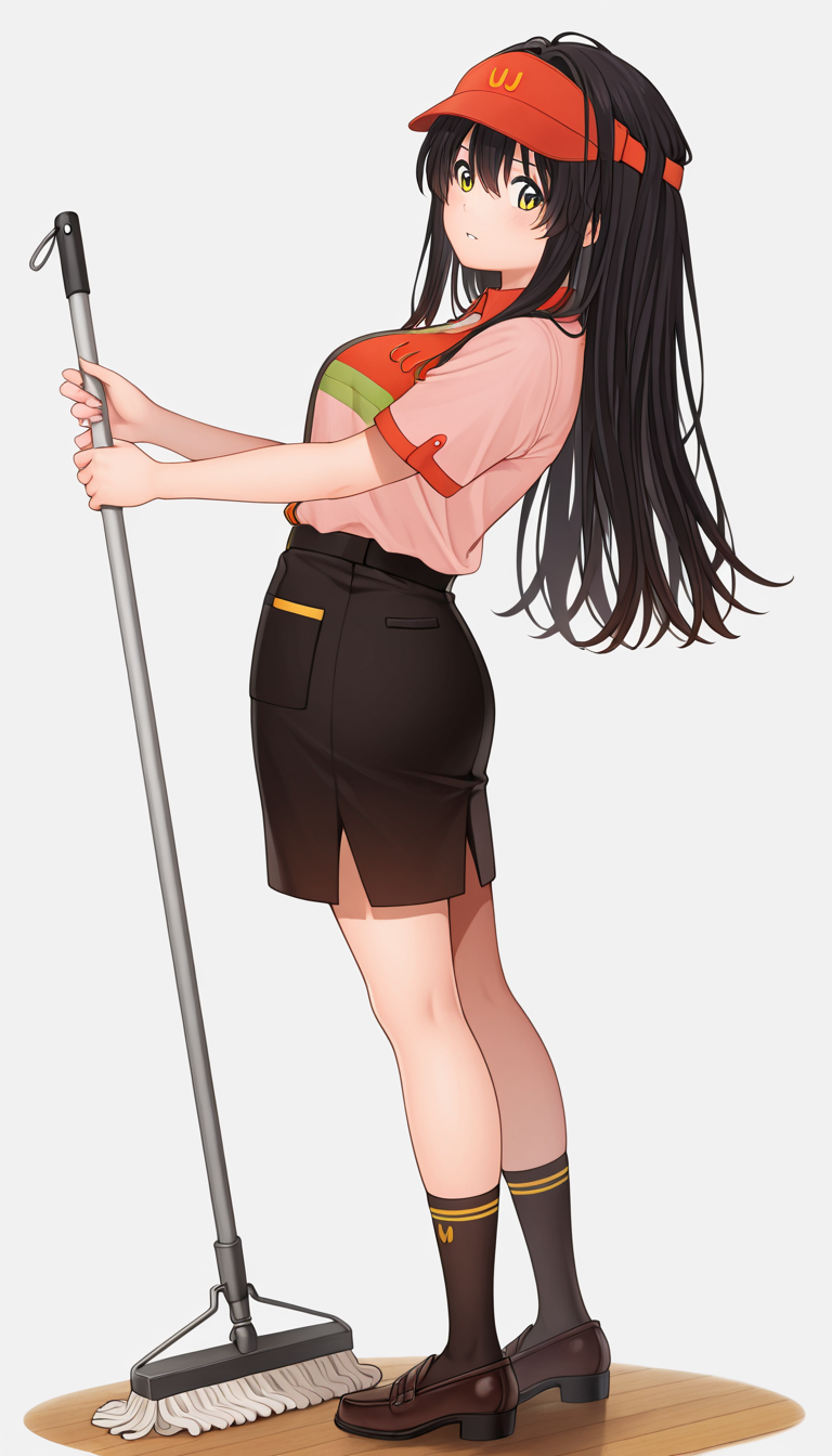 IllusP0s, masterpiece, best quality, amazing quality, very aesthetic, absurdres, newest, (detailed eyes:1.4),general, ((ultra detailed hair:1.4)), ((dynamic angle)), dynamic pose
BREAK
1girl, ((solo)),miyam0to_mad0ka,((black hair)), parted lips, <lora:Miyamoto_Madoka_-_å½¼ã¨ãããã¨åºé·ã®æ·±å¤å¤å:1>,
employee uniform,pink and red shirt, Black pencil skirt with yellow stripes, red visor cap with "W" logo, Socks with the "w" logo, loafers
BREAK
blank background,from side,full body,
Cleaning the floor with a mop
full body, Cleaning with a serious face
from below