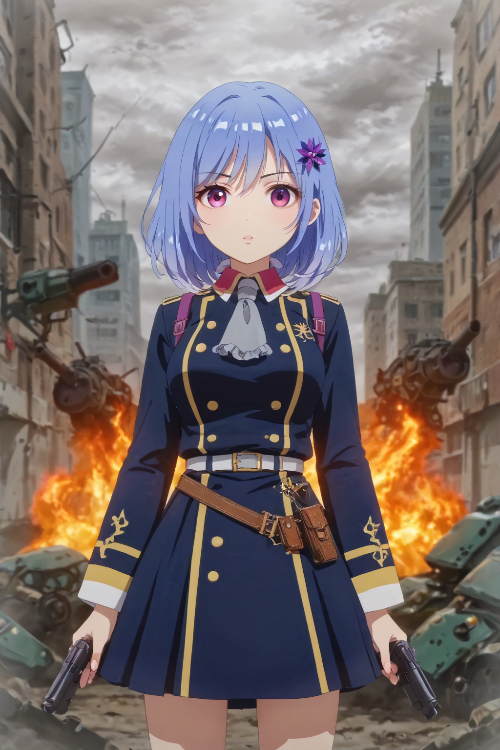 masterpiece, best quality, anime screencap, anime coloring, zPDXLxxx, zPDXL2,
score_9, score_8_up, score_7_up, 8k, best quality, masterpiece, (ultra-detailed:1.1), source_anime, prefect lighting, very aesthetic, intricate details, highly detailed background, prefect hands, eye catching, eyelashes,
<lora:Houkiboshi_Prima_Doll_official_Style-000005:0.8>, 1girl, solo, hair_ornament, blue_hair, purple_eyes, uniform, belt, long_sleeves, military_uniform, hair_flower, military, short_hair, closed_mouth, flower, ascot, hairclip, jacket, Official_anime, anime_coloring, medium_hair, skirt,
 broken city, city under fire, holding gun, holding weapon, gun, a cityscape with smoke and debris in the background, battlefield, ready for battle, wide eyes, lips, serious, looking at viewer,
shiny skin, skin_detail, lustrous_skin, skindentation, 
 natural breasts, beautiful face, perfect face, pretty face, perfect eyes, beautiful eyes, expressive eyes, perfect breasts, wide hip, perfect body, perfect light,
<lora:sdxl-hairdetailer_02:0.35>  <lora:sdxl_lightning_8step_lora:1> <lora:eye_catching:2>  <lora:eyelashes_pony_V1.0:1>