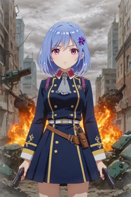 masterpiece, best quality, anime screencap, anime coloring, zPDXLxxx, zPDXL2,
score_9, score_8_up, score_7_up, 8k, best quality, masterpiece, (ultra-detailed:1.1), source_anime, prefect lighting, very aesthetic, intricate details, highly detailed background, prefect hands, eye catching, eyelashes,
<lora:Houkiboshi_Prima_Doll_official_Style-000005:0.8>, 1girl, solo, hair_ornament, blue_hair, purple_eyes, uniform, belt, long_sleeves, military_uniform, hair_flower, military, short_hair, closed_mouth, flower, ascot, hairclip, jacket, Official_anime, anime_coloring, medium_hair, skirt,
broken city, city under fire, holding gun, holding weapon, gun, a cityscape with smoke and debris in the background, battlefield, ready for battle, wide eyes, lips, serious, looking at viewer,
shiny skin, skin_detail, lustrous_skin, skindentation,
natural breasts, beautiful face, perfect face, pretty face, perfect eyes, beautiful eyes, expressive eyes, perfect breasts, wide hip, perfect body, perfect light,
<lora:sdxl-hairdetailer_02:0.35> <lora:sdxl_lightning_8step_lora:1> <lora:eye_catching:2> <lora:eyelashes_pony_V1.0:1>