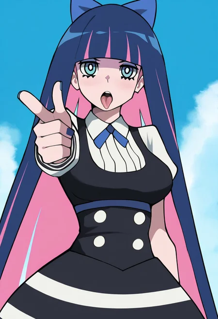 masterpiece,best quality,panty & stocking with garterbelt , anime screenshot, stocking (psg), big breasts, sexy,
patStocking, stocking anarchy,
jourd4n, stocking (psg), panty & stocking with garterbelt, blue neckwear, highres, 1girl, black dress, blue eyes, blue hair, blue nails, blue ribbon, breasts, dress, finger gun, hair ribbon, looking at viewer, multicolored hair, nail polish, open mouth, pink hair, ribbon, shirt, solo, tongue, tongue out, two-tone hair, upper body, white background, white shirt
