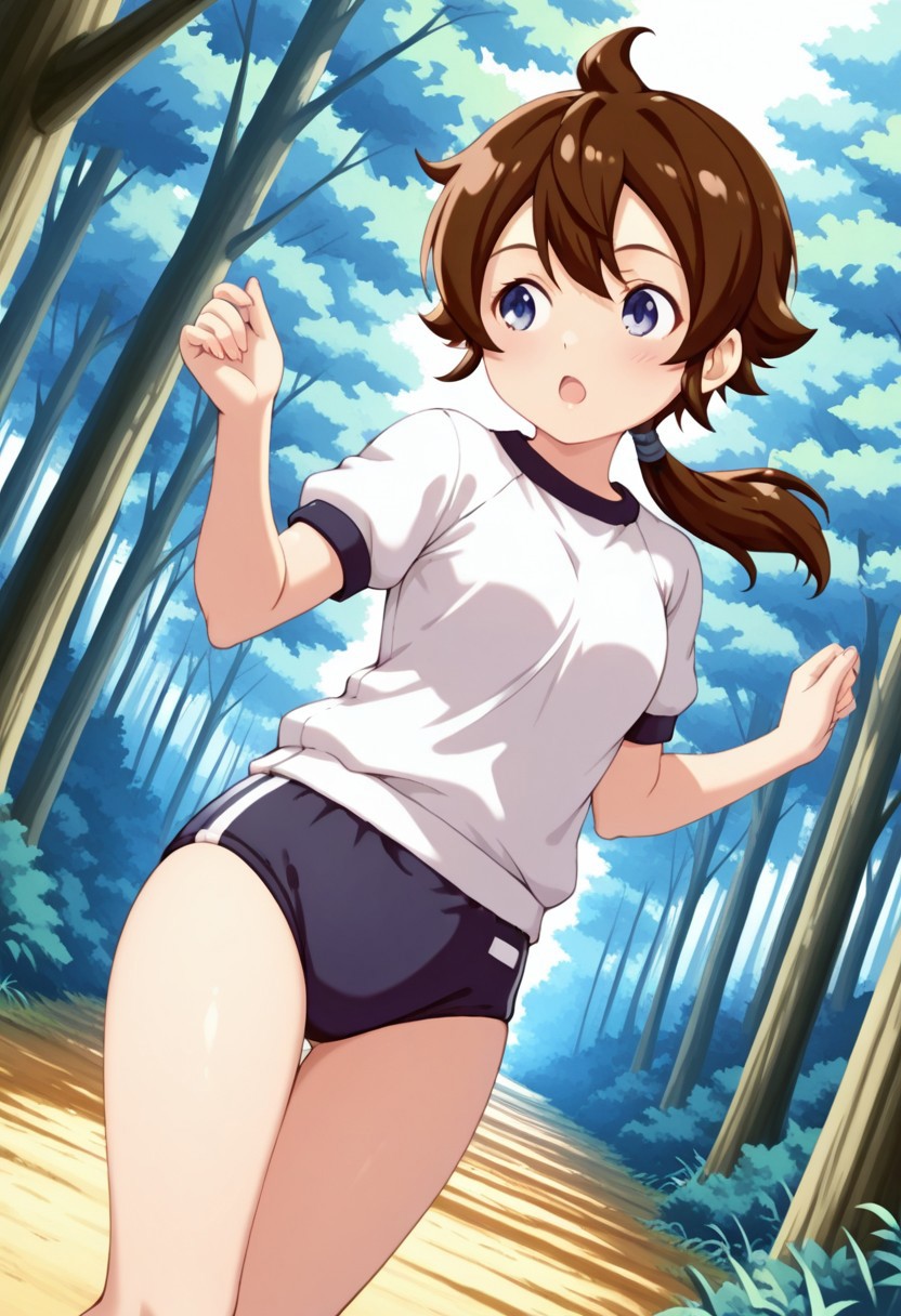 masterpiece,perfect hands,anime_coloring,anime_clothing,best quality,Tokia_DMO, 1girl, gym uniform,buruma,solo, brown hair, ponytail,forest, dynamic angle,open mouth,cheek,
