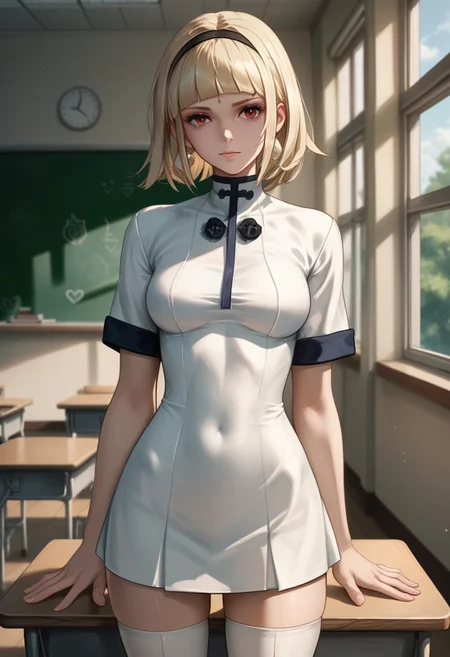 score_9_up, score_8_up, score_7_up, extreamly detailed, beautiful detailed face, complex detailed background, completely clothes, BREAK,
1girl, INTONER ONE \(DRAKENGARD\), student uniform, classroom