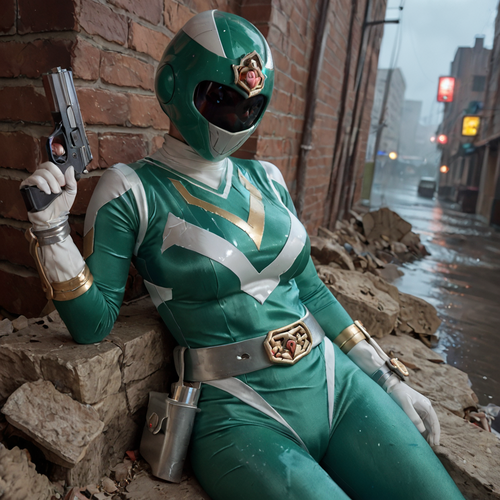 20yo, score_9, score_8_up, score_7_up, shiny oild skin, 
1girl, solo, large breasts, sentaisaintforce, green bodysuit, silver belt, white gloves, spandex, wing-shaped chest symbol,  helmet removed, no headwear, 
holstered, handgun, holster, torn cloth, orgasm, wet, rain, wet cloth, 
 city ruin, rubble, lying, night, smoke, 
 <lora:Saint_Force:0.8>