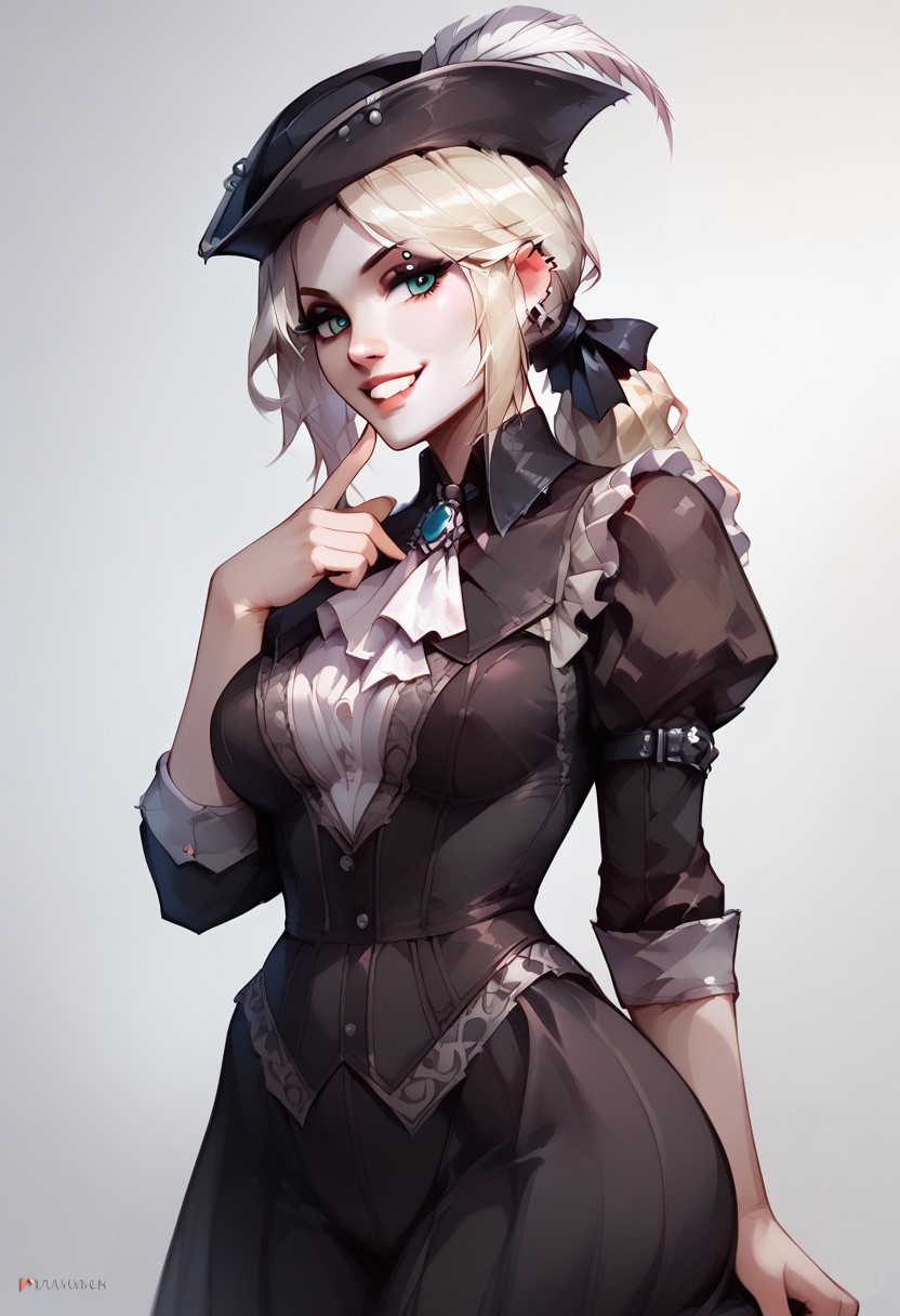 score_9, score_8_up, score_7_up, score_6_up, g0thicPXL, 1girl, 1girl, solo, Lady Maria, pale skin, pale blond hair, ponytail, makeup, hat feather, smile, grin, cute, eyebrow piercings, punk, sexy pose, biting her finger, lewd expression, wide hips, big breasts, victorian outfit, standing, big ass,