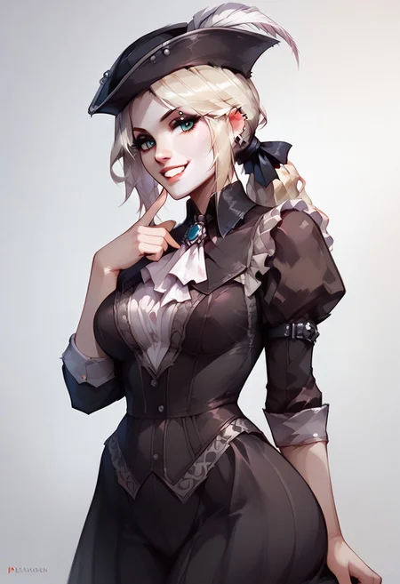 score_9, score_8_up, score_7_up, score_6_up, g0thicPXL, 1girl, 1girl, solo, Lady Maria, pale skin, pale blond hair, ponytail, makeup, hat feather, smile, grin, cute, eyebrow piercings, punk, sexy pose, biting her finger, lewd expression, wide hips, big breasts, victorian outfit, standing, big ass,