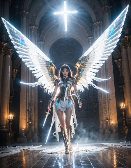 shine colorful,1girl,korean idol,glowing particle,female in armor with glowing angel wings,horror christian cathedral,nighttime,dungeons and dragons,<lora:Shine_colorful_XL_8R5C5A5B:1>,