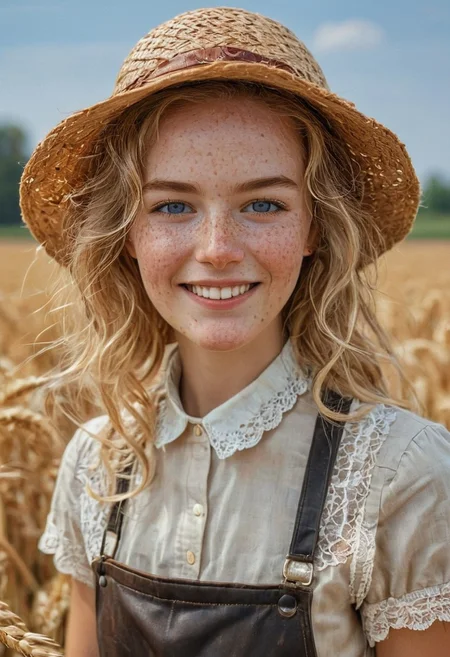 epiCRealism, 1girl, portrait of a farmer girl, bellissima, petit, slender, open smile, wearing leather apron over a checkered white and beige blouse, short sleeves, lace collar and lace on sleeves' rim, neck bow, messy and wavy blond hair, clean blue eyes, natural beauty, no makeup, big eyes, freckles, large torn straw pointy hat , honest and cute face, wheat field being harvested in the background, hot summer day, sweat brow and temples, warm smile, parted lips, art by mooncryptowow, Detailed natural skin and blemishes without-makeup and acne