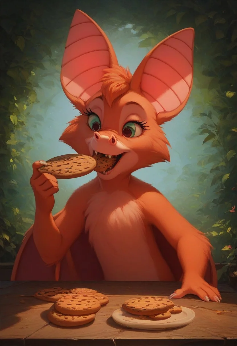 score_9, score_8_up, score_7_up, score_5_up, artwork, detailed background, high quality, vibrant colors, best quality rendering, intricate details, high resolution, sharp focus, best render quality, background-tree brunch, 1girl, Foxglove bat, (anthro bat), big bat wings, eating cookie, ((front view))