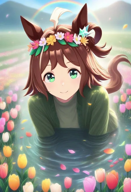 (umamusume, rhein_kraft_(umamusume), horse_ears, horse_girl, tail, 1girl, ahoge, animal_ears,)
casual, Tulip,Tulip flower, Tulip flower_field,
head_wreath, looking_at_viewer, solo, aesthetic, absurdres, symmetric , , g0ldsw0rthy,
(realistic, photo, artistic, medium_hair, one_eye_closed, petals, relaxing, smile, spiralling vortex made of multicoloured tulips, lush foliage sunrise, ripples, reflective, jaynl-tm, rainbow,green_eyes, hair_between_eyes, hair_ornament, : 0.7)