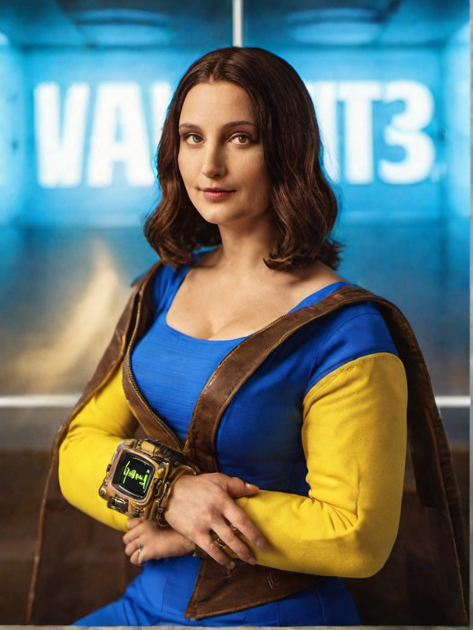 cinematic photo cinematic photo Mona Lisa wears a blue and yellow outfit, ((a computer wrist)), mona lisa pose, text ''VAULT 33'' <lora:Fallout-V2-1024-120:0.8> . 35mm photograph, film, bokeh, professional, 4k, highly detailed . 35mm photograph, film, bokeh, professional, 4k, highly detailed