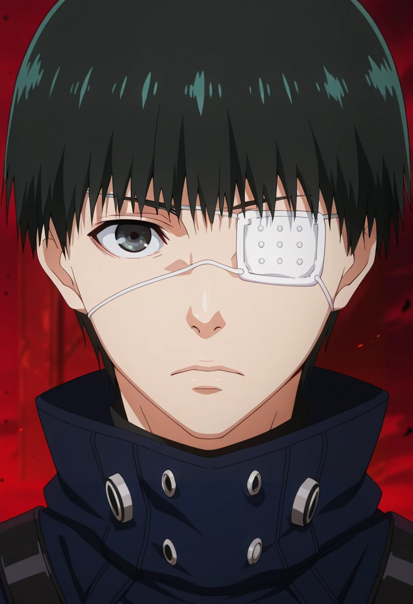 masterpiece, best quality, , anime screencap, , , looking at viewer, 1boy, solo, male focus, <lora:ken_kaneki_ilxl:0.94>, ken_kaneki, black hair, black eyes, short hair, bangs, eyepatch, , , ,