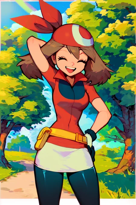 score_9, score_8_up, score_8, medium breasts, (curvy), cute, eyelashes, zzMay, smile, open mouth, skirt, shirt, gloves, closed eyes, short sleeves, outdoors, sky, day, tree, hand on hip, bike shorts, arm behind head, bandana, <lora:MayP2:1>,