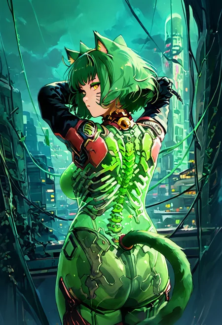 3l3m3ntp, cr1tter, detailed, transparent, (sexy pose), (back view:1.4), (POV viewer from belov:1.4), (fisheye:1.4), (look at the viewer:1.4)
woman, arms up, smirk, closed mouth, yellow eyes, makeup, fluffy green cat ears, short green hair, bangs, cat whiskers marks, large breasts,(green cat tail:1.4),socks, neck bell,
(futuristic night city tokyo:1.4), (green neon), brutalist architecture,
score_9, score_8, score_7, score_6, absurdres, skeleton, spine, hip_bones, ribcage, legs bones, solo, half body,
(transparent, transparent_body, transparent_skin),