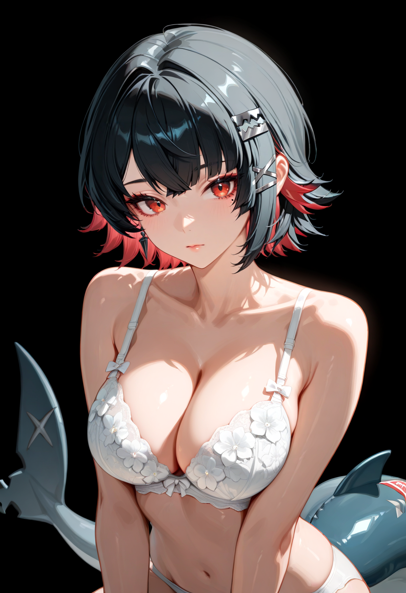 masterpiece, newest, absurdres, best quality, hires, 1girl, ellen joe, shark tail \(zenless zone zero\), white bow bra, black background, floral work, abstract