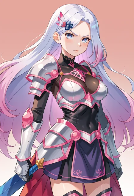 score_9, score_7_up, source_anime, BREAK <lora:molokonomi_ForPonyV2:1>, serious, 1girl, white eyes, white hair, very long hair, parted hair, parted bangs, gradient hair, lilac hair, medium breasts, wing hair ornament, valkyrie, black bodysuit, armor, gauntlets, greaves, pink breastplate, grey armored skirt, armored dress, pink hues,